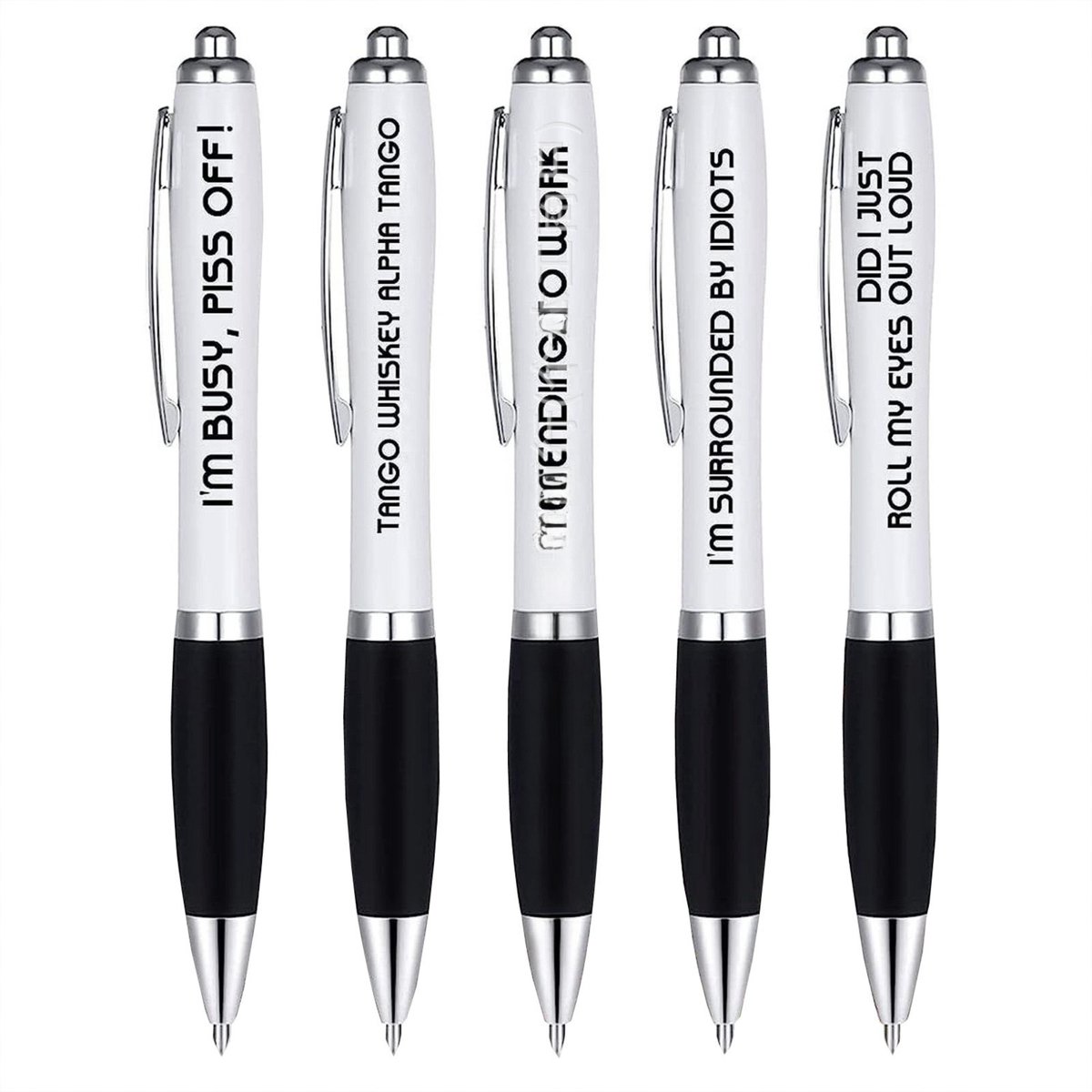 Set van 5 Balpennen - 0,7 mm Fijne Punt - Grappige Cadeaupennen met Humoristische Teksten - Voor Collega's, Studenten, Dames en Heren - Cadeau voor Nieuwe Baan, Vertrek en Veel Succes