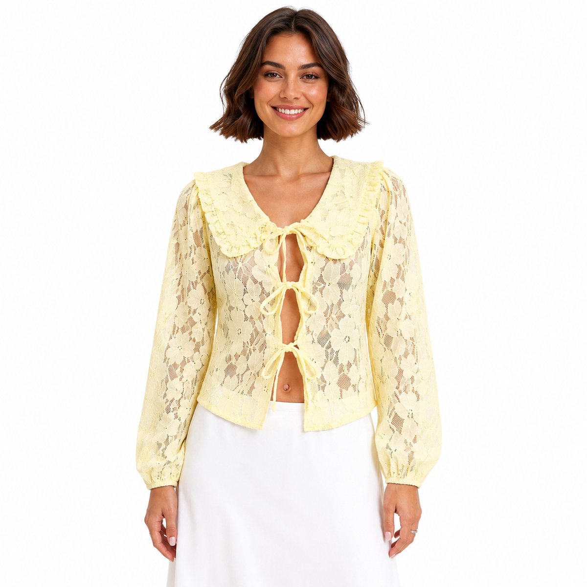 Kanten blouse - Shirt - Lange mouwen - Dames - Geel