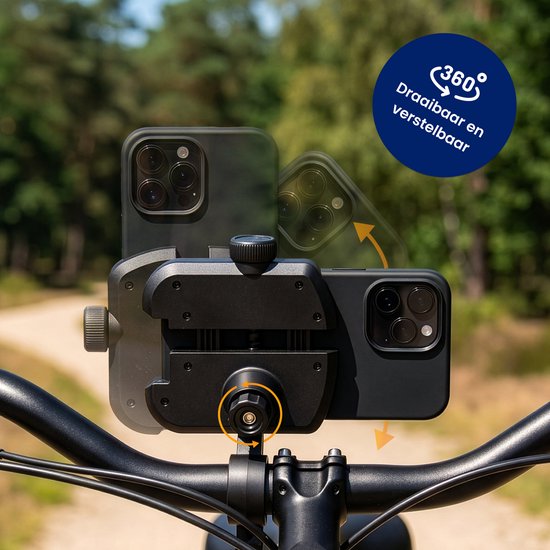 Telefoonhouder op fietsstuur, toont 360° draaibare en verstelbare kijkhoek.