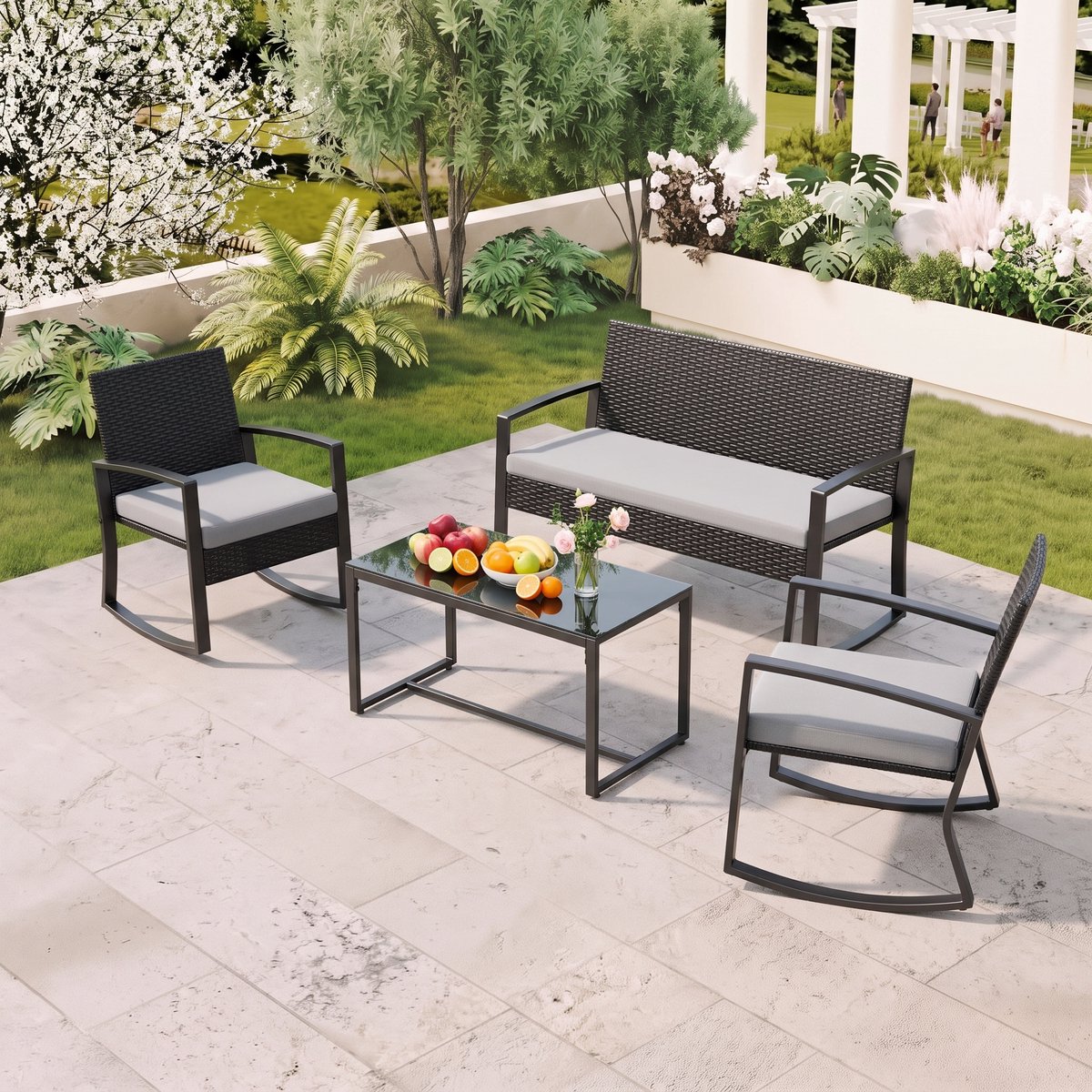 Xbro Rotan Tuinset 3-delig met schommelstoel,Balkonset voor 4 personen met kussens,Tuinmeubelset met tafel,3-delige Bistroset ,108 x 74 x 85 cm ,Donkergrijs