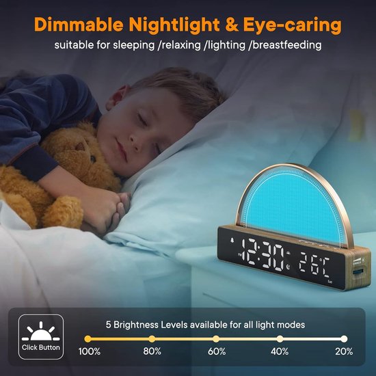 Wekker met Licht - Nachtlamp Slaaphulp - Rustig Ontwaken - 10 Natuurgeluiden - USB Laadstation - Houtlook Zwart — afbeelding 5