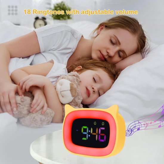Digitale kinderklok - Kinderwekker nachtlampje - Kinderen wakker maken - 8 kleuren nachtlampje - Oplaadbaar - Geel — afbeelding 5
