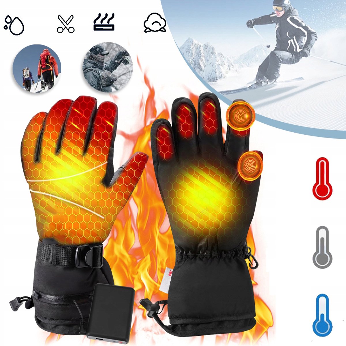 Oplaadbare Verwarmde Handschoenen Met 3 Warmtestanden Waterdicht En Winddicht Touchscreen-Vingertoppen 6000mAh-Batterijen Reflecterende Veiligheidsdetails Voor Wintersporten En Motorrijden Zwart