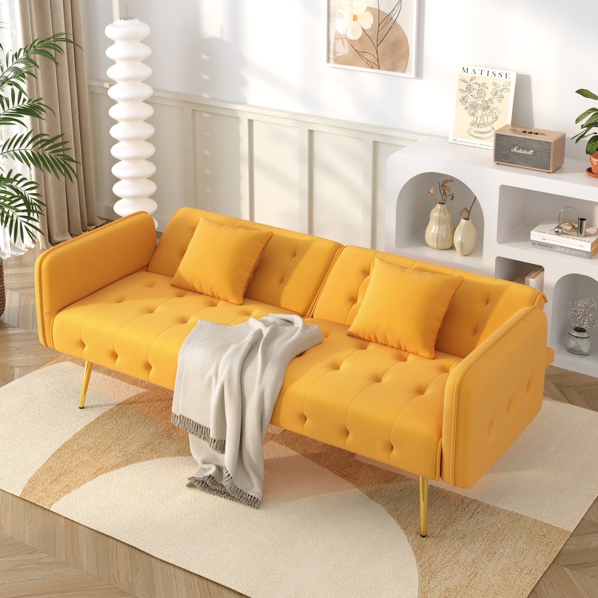 Slaapbank - 178 x 82 x 70 cm - met schuimvulling - met slaapfunctie - met verstelbare rugleuning - inclusief kussens - met houten poten - Yellow