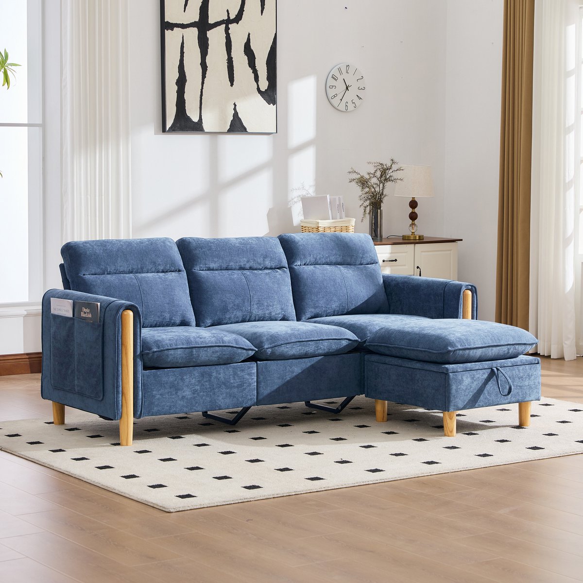 Zitbank - 201 x 77 x 86 cm - chenille bekleding - met opbergruimte - modulair samen te stellen - inclusief kussens - met armleuningen - Blauw
