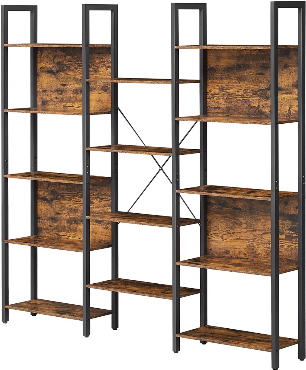 Opbergrek 158 x 24 x 166 cm Bruin + Zwart, Boekenkast met 14 Open Opbergvakken, Displayrek, Opbergkast, Multifunctioneel Rek, Metalen Frame, Industri毛le Stijl, 10 kg per Plank, Woonkamer Kantoor Studeerkamer