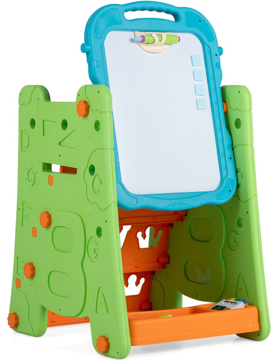 COSTWAY 4-in-1 kinderbord, kinderezel met boekenrek (blauw en groen)