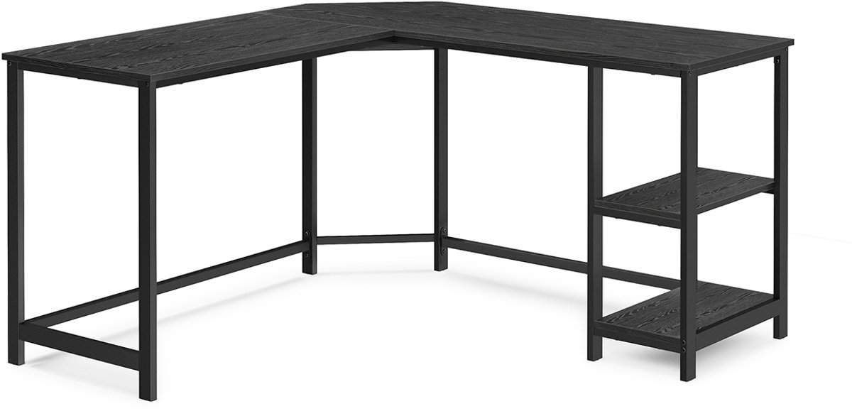 Hoekbureau 138 x 138 x 76 cm Zwart, L-vormig Bureau, Computertafel met 2 Open Opbergvakken, Ruim Werkblad, Verwijderbare Planken, Kabeldoorvoeren en Verstelbare Poten, Computerbureau voor Thuiswerken, Studeren en Gamen