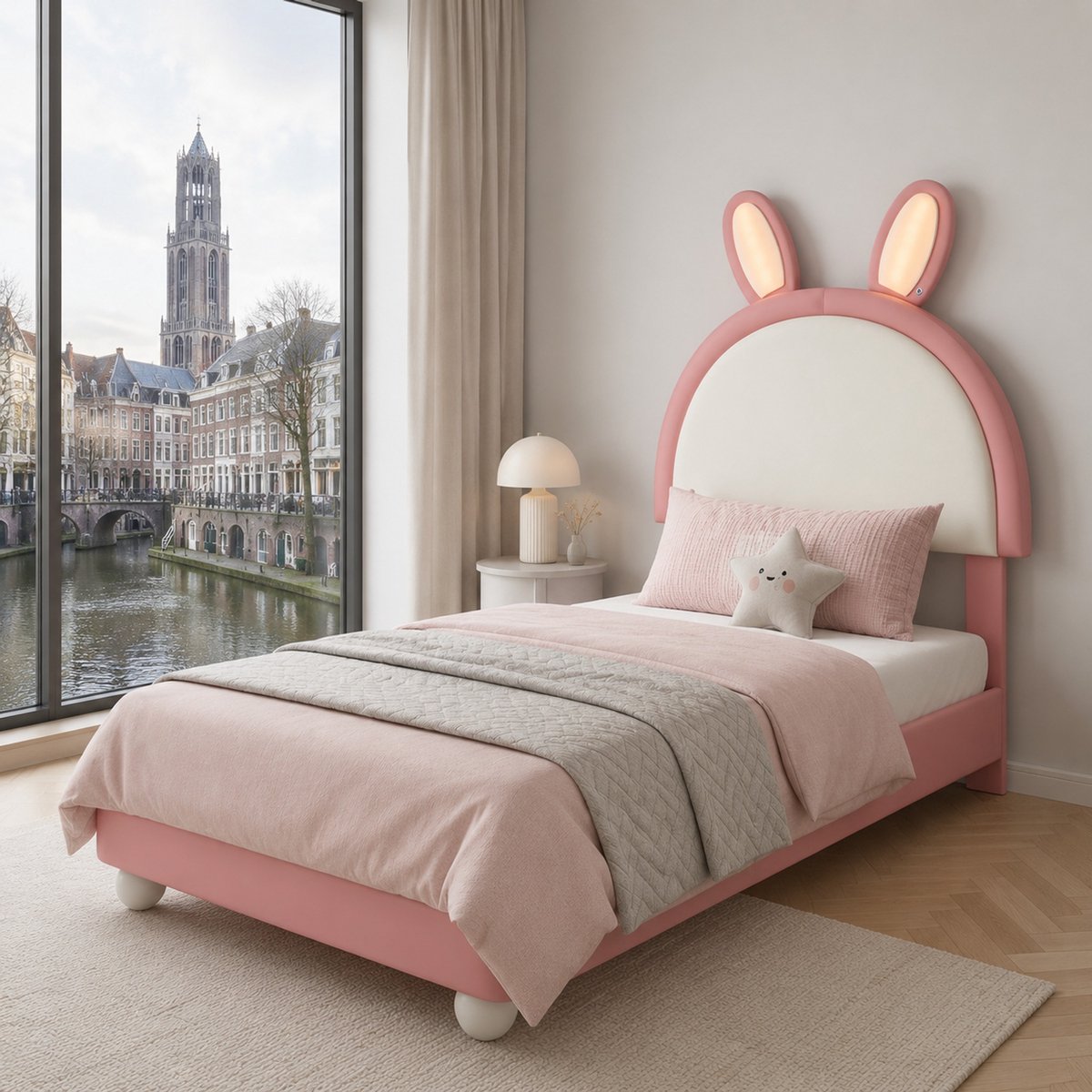 WUVRIE Kinderbed 90x200 cm met konijnhoofdbord, LED en lattenbodem in roze/wit