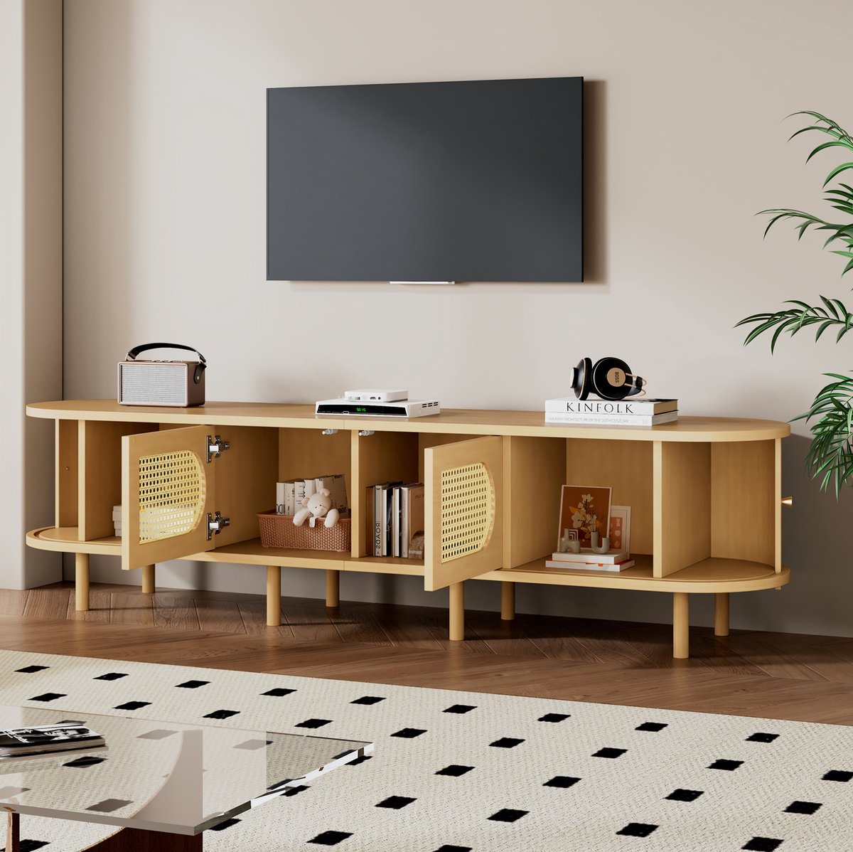 REDOM TV meubel - Rattan fronten - Schuifdeur en 8 steunpoten - Opbergruimte - Retro stijl - Woonkamer - MDF - Natural - 180 x 40 x 40 cm
