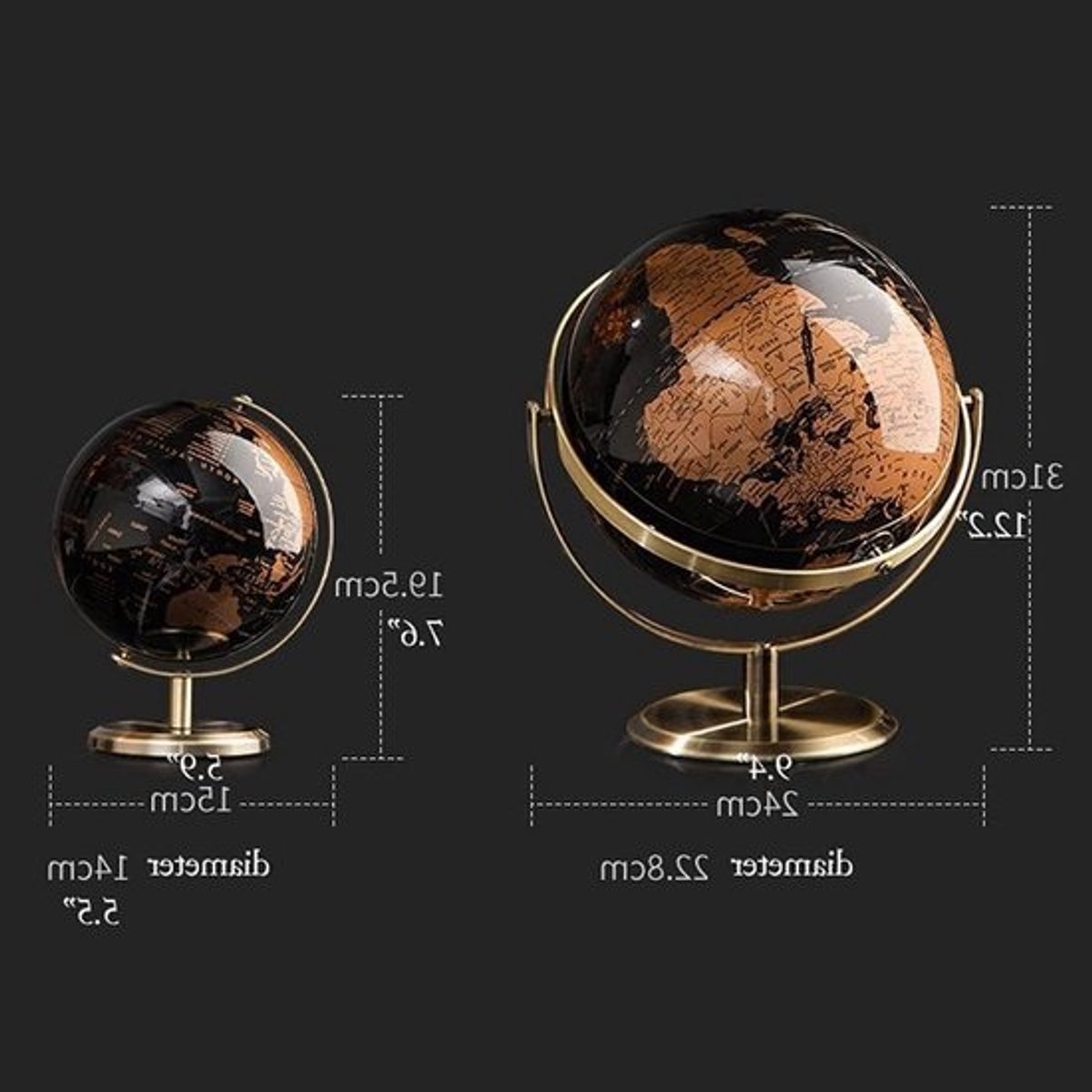 Wereldbol Decoratief - Aarde Bol Educatief - Geografie Leren - Draaibaar Metalen Frame - 14 cm Diameter - Zwart Zee Vintage