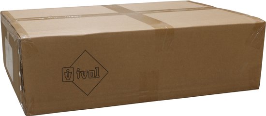 Bruine kartonnen doos van IVOL met tape en een logo.