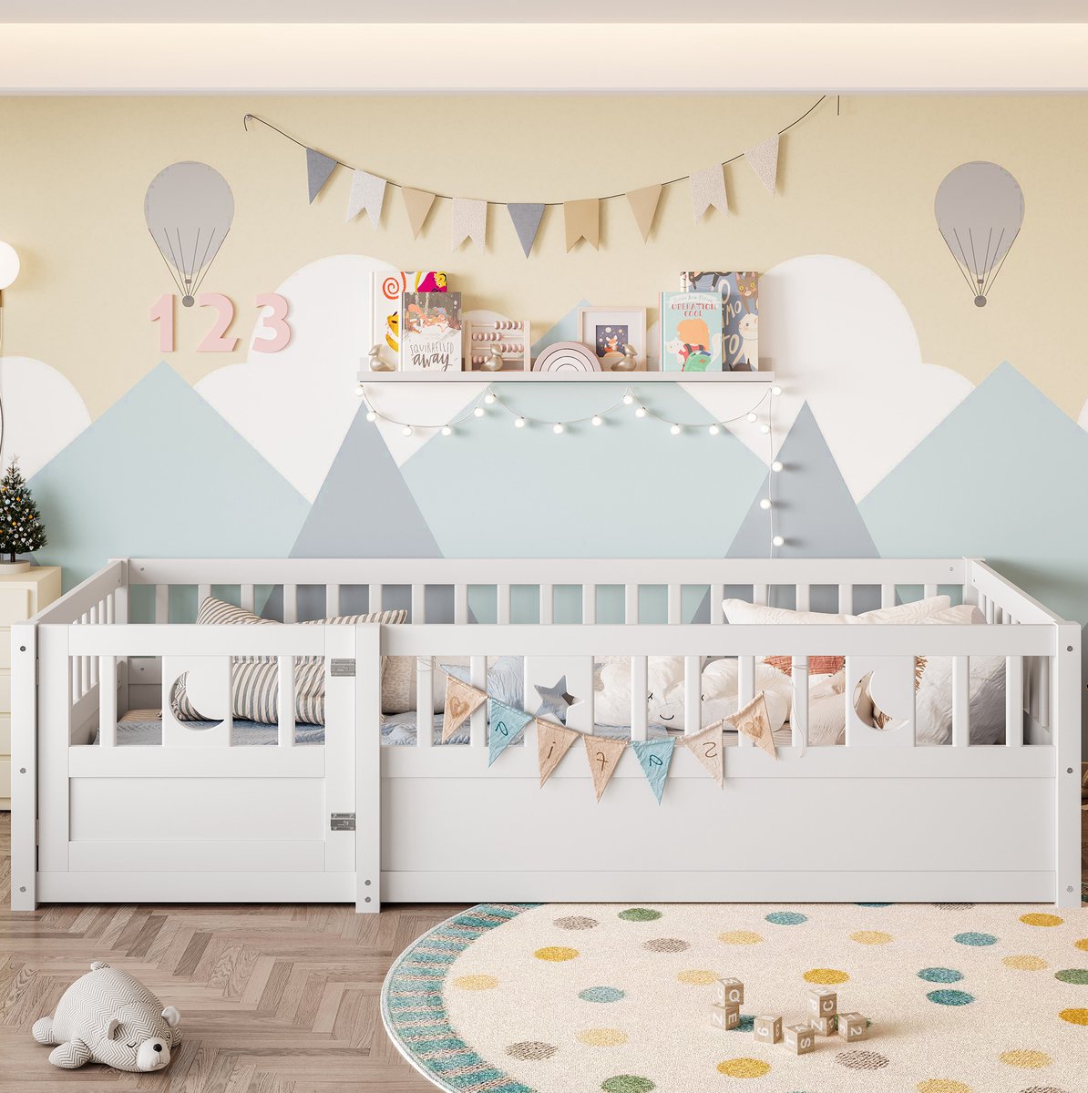 REDOM - Kinderbed - Veiligheidshekje met vergrendelbare deur - Lattenbodem - Ster- en maanornament - Kinderkamer - Hout - Wit - 90 x 190 cm