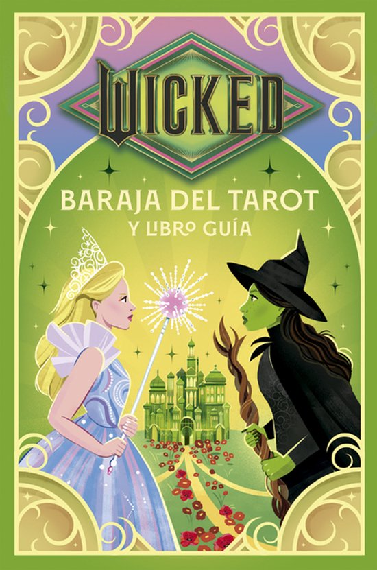 Wicked Tarotset en gids met Glinda en Elphaba voor een groen kasteel op een paarse en groene achtergrond.