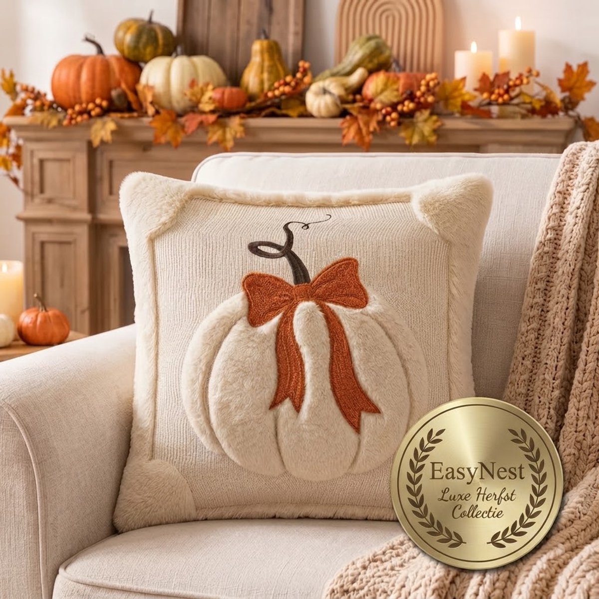 Halloween Pompoen Kussensloop – Herfst Kussensloop - Geborduurde Sierkussenhoes – Herfstdecoratie voor Bank, Woonkamer & Slaapkamer