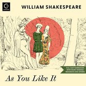 William Shakespeare's As You Like It, met drie figuren in een bosrijke omgeving, een rode cirkel op de achtergrond.