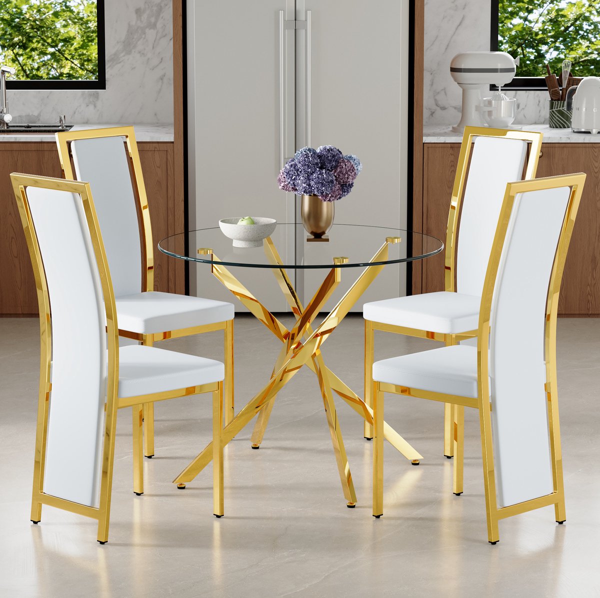 MODFU - Rond Glazen Eettafelset - 4 Stoelen - Wit Goud - Modern
