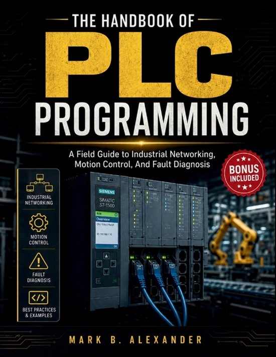 Livre "The Handbook of PLC Programming" avec un SIEMENS SIMATIC S7-1500 et un bras robotique en arrière-plan.