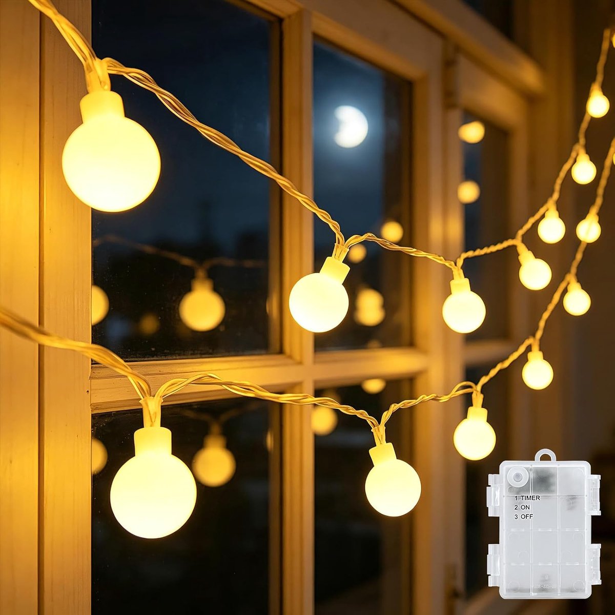 Campinglichtsnoer 6m - Op Batterijen - IP65 Waterdicht - Met Timer - Warmwit - Bolvormig - Kerst