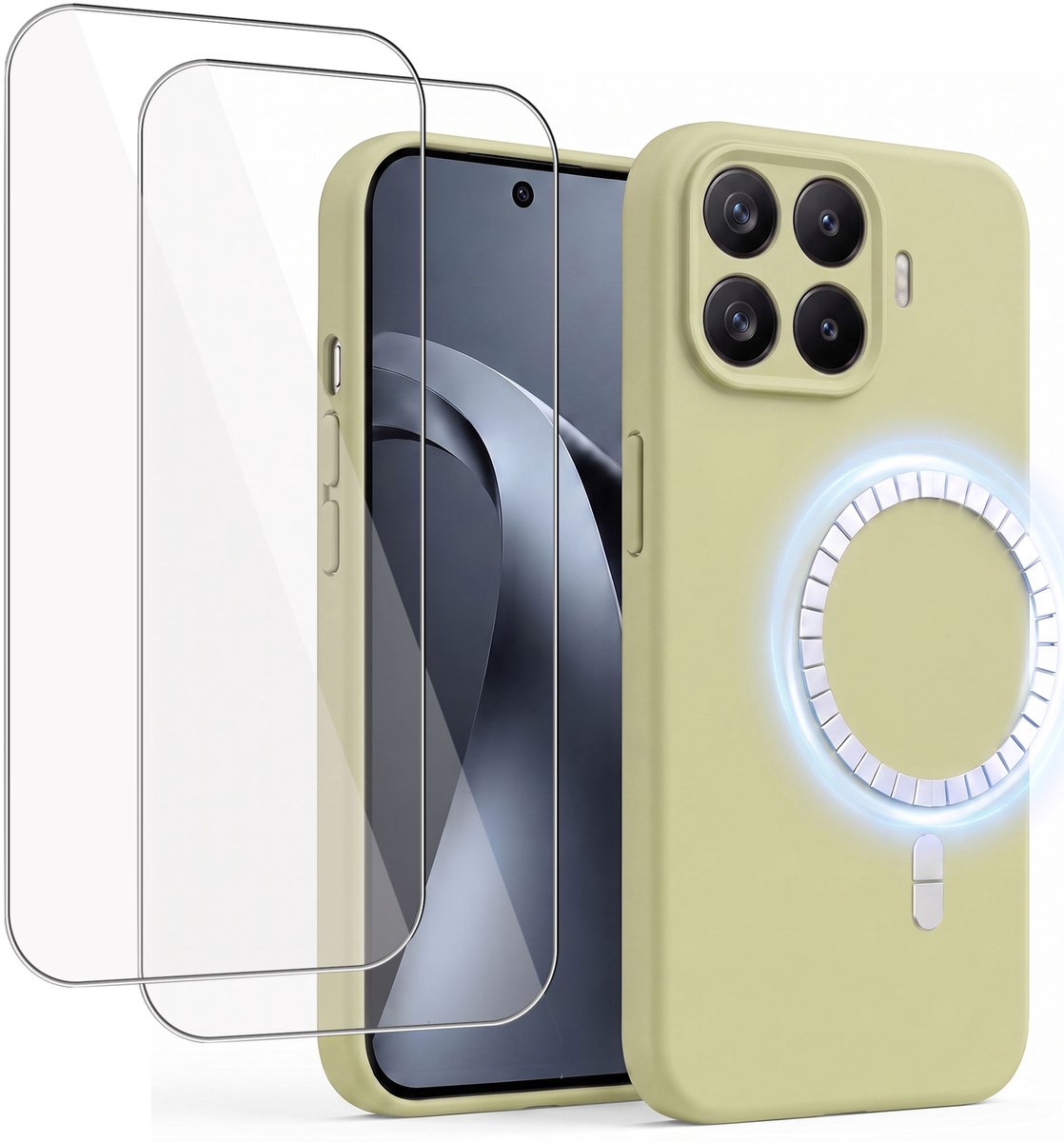 Hoesje + 2x Screenprotector geschikt voor Xiaomi 17 - Hoesje geschikt voor Magsafe - Draadloos opladen - Gehard Glas - Salie Groen