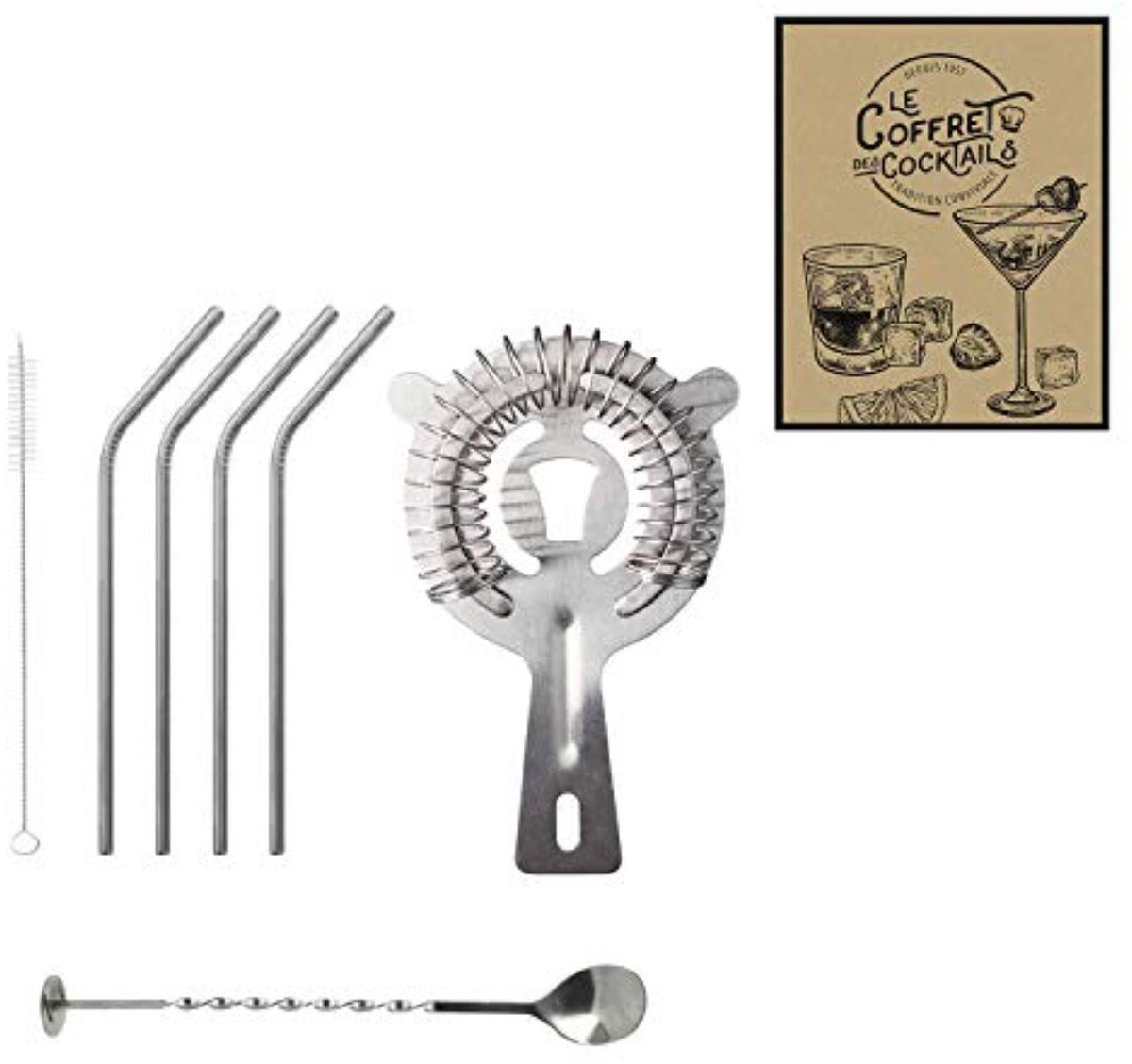 WEB2O Cocktailset - 7-delig - RVS - Met Rietjes, Barlepel en Cocktailzeef