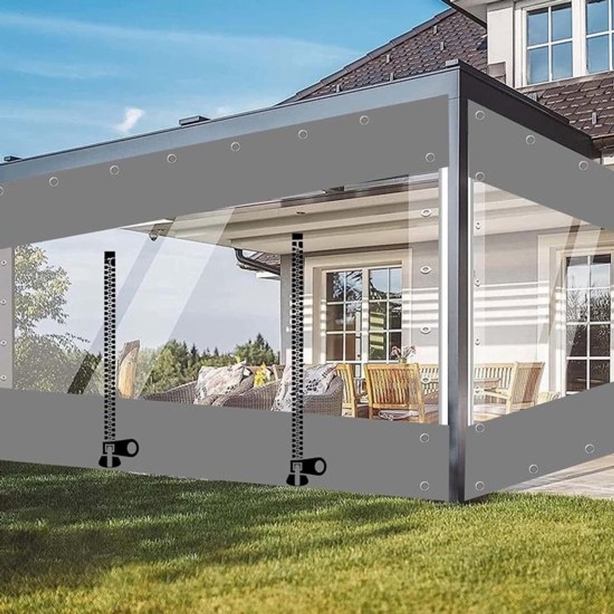 Waterdicht Zeil - Regengordijn Dekzeil - Buitenruimte Afschermen - Met Rits Deur - 22 x 22 m - Grijs Transparant