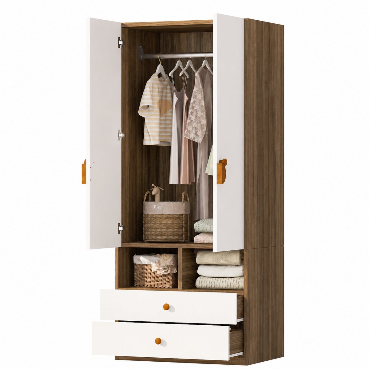 Merax Kledingkast - Houtkleur en wit - 70 x 50 x 170 cm - 2 deuren - 2 lades - Opbergvakken - Speelse handgrepen