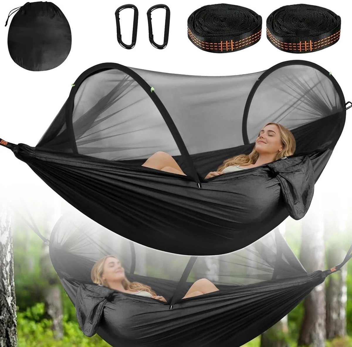Hangmat met Klamboe – 1 Persoons Campinghangmat – 210T Nylon – Inclusief Boomriemen – 275 x 140 cm