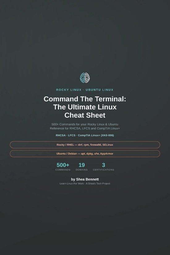 Cheat sheet Command The Terminal: The Ultimate Linux met 500+ commando's voor Rocky Linux en Ubuntu.