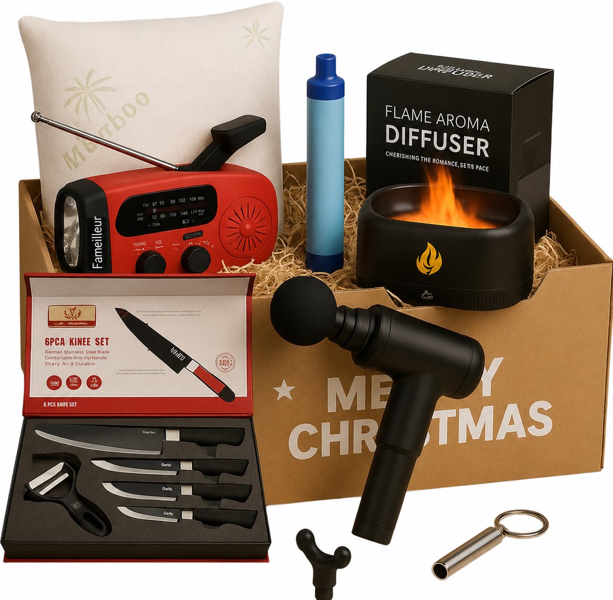 Fameilleur Excellence-Luxe Kerstpakket 2026/2027- Origineel Cadeaupakket voor iedereen –Eindejaarsgeschenk en Relatiegeschenk voor Bedrijven–Noodradio, Powerbank, Zaklamp, Massagegun, Bamboe kussen, Messenset, Waterfilter en Aroma Diffuser