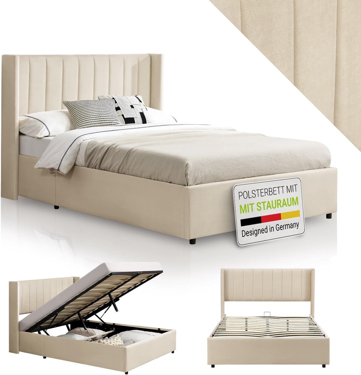 Bedframe 136x216 cm - Industrohome Bed met Opbergruimte, Spijlenbodem, Fluweel Bekleding, Modern Design, Beige