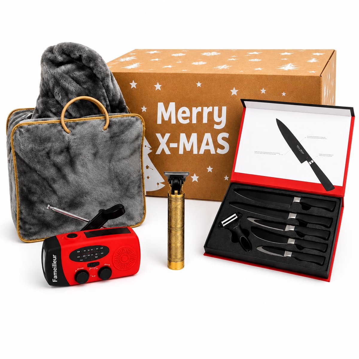 Fameilleur Luxe Kerstpakket 2026/2027 –Cadeaupakket voor Mannen en Vrouwen –Zakelijk Eindejaarsgeschenk en Relatiegeschenk voor Medewerkers en Bedrijven – Met Noodradio, Powerbank, Zaklamp, Gouden USB-C Trimmer, zachte Deken en 6-delige Messenset