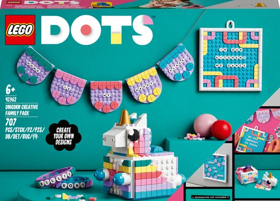 LEGO® DOTS Eenhoorn creatieve gezinsset 41962 knutseldecoratieset; kinderen kunnen speelgoed en cadeautjes op een unieke manier versieren; een leuk knutselproject voor de hele familie; voor fans vanaf 6 jaar (707 onderdelen)