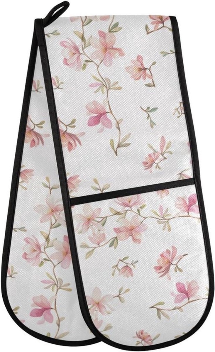 Dubbele Ovenwanten - Keuken Handschoen - Koken en Bakken - Extra Lange Bescherming - 35 x 7 inch - Aquarel Bloem