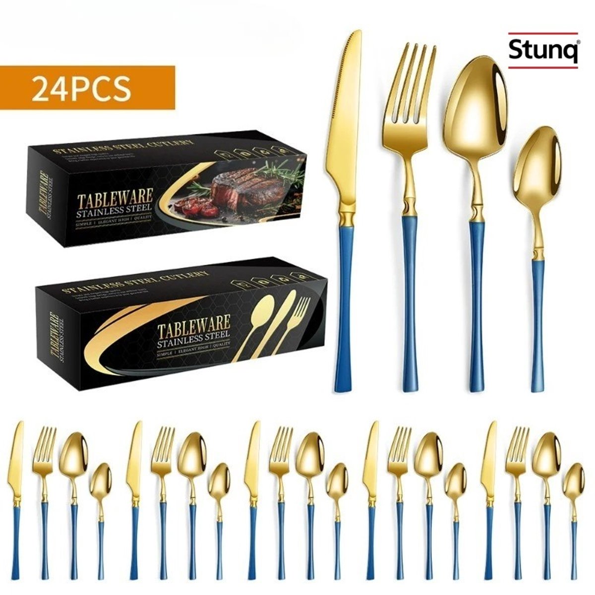 Stunq® 24-delige bestekset RVS goud-blauw