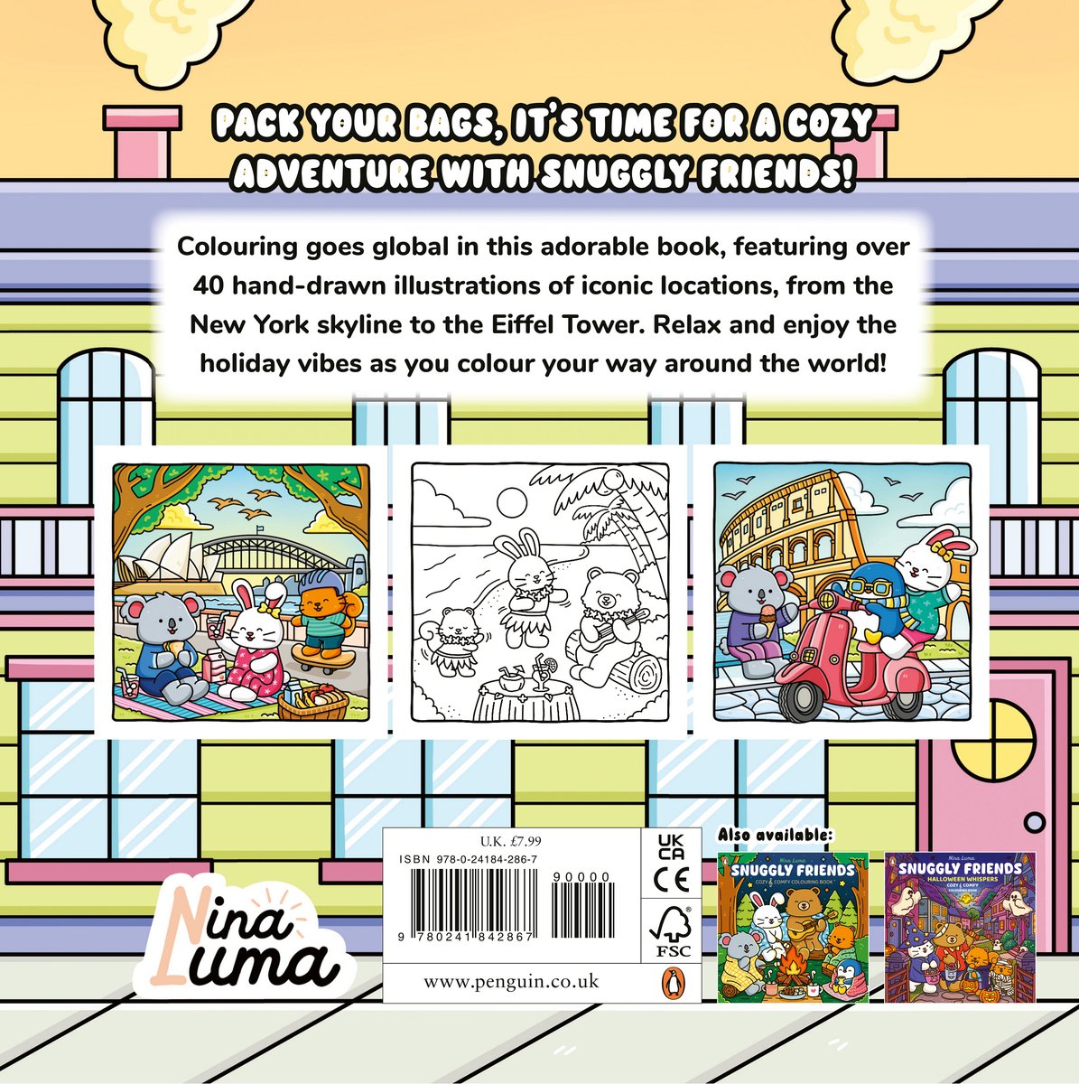 Boek met vrolijke, getekende illustraties van koala's en konijnen op reis, met de tekst 'PACK YOUR BAGS, IT'S TIME FOR A COZY ADVENTURE WITH SNUGGLY FRIENDS!'