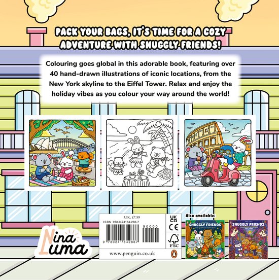 Boek met vrolijke, getekende illustraties van koala's en konijnen op reis, met de tekst 'PACK YOUR BAGS, IT'S TIME FOR A COZY ADVENTURE WITH SNUGGLY FRIENDS!'