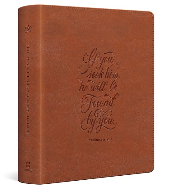 Bible de journal brun avec le texte "If you seek him, he will be Found by you. 1 CHRONICLES 28:9".