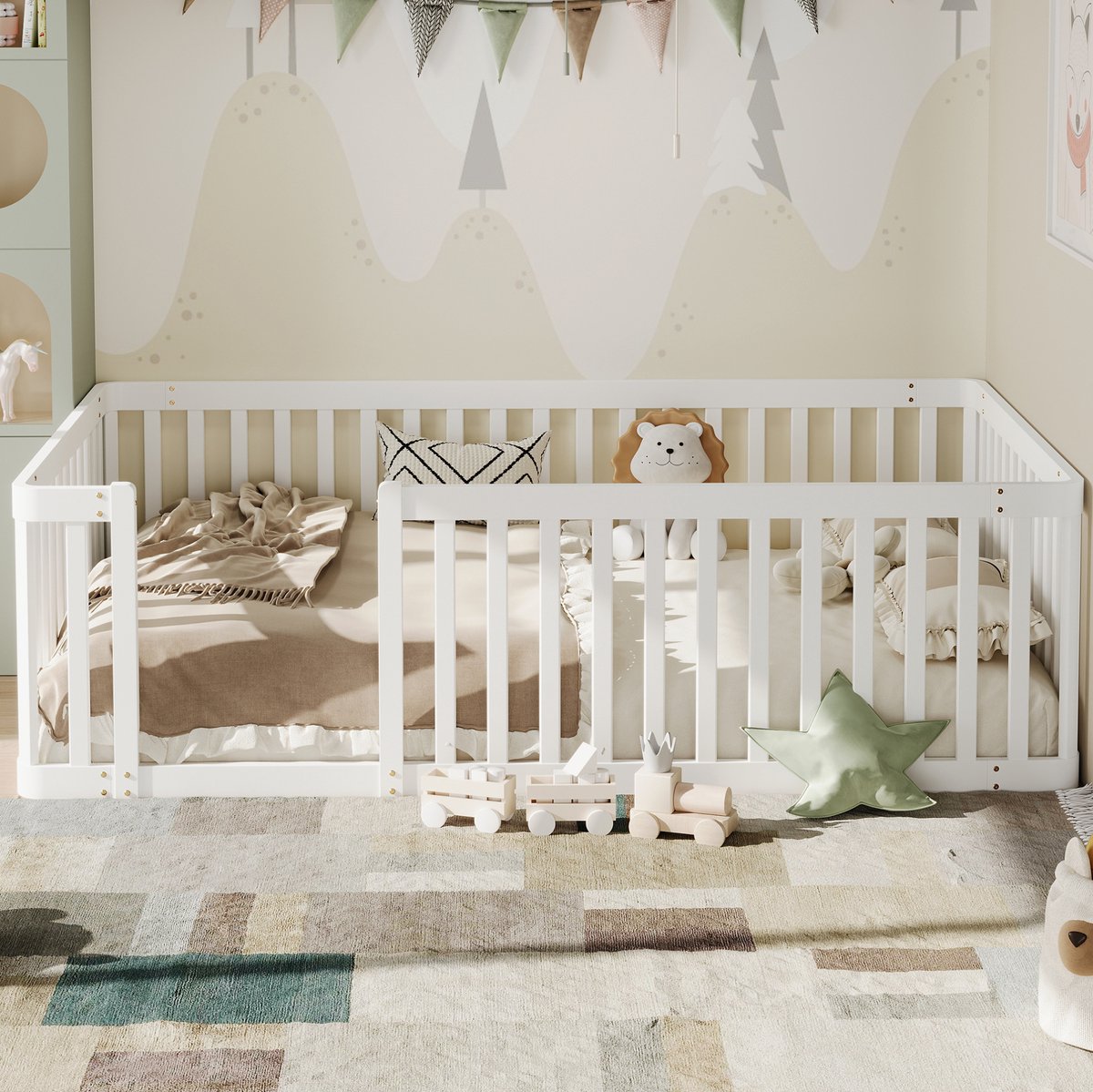 REDOM Kinderbed - Veiligheidsrailing rondom met kleine opening - Laag platformbed - Zonder boxspring - Voor kinderkamer - Hout - Wit - 90 x 200 cm