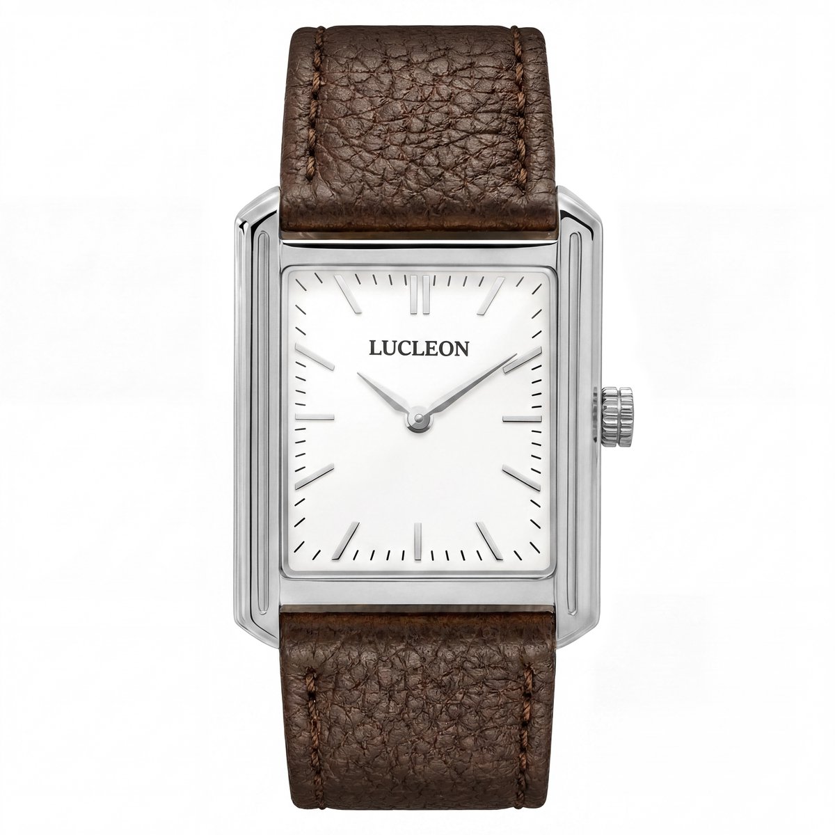 Legacy | Retro vierkant zilverkleurig horloge met witte wijzerplaat en donkerbruine leren band