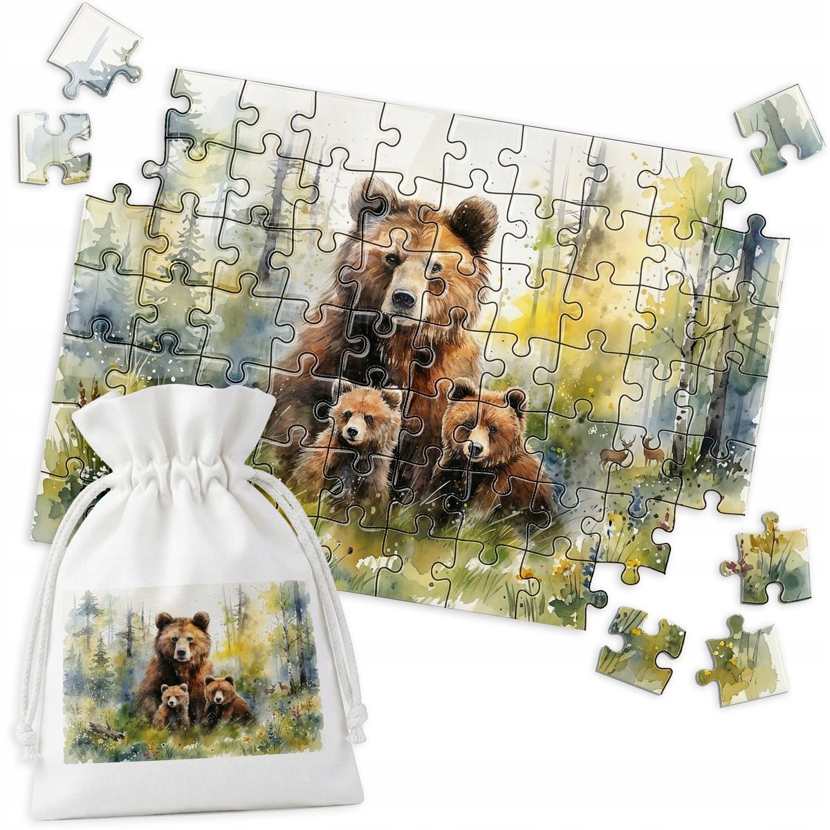 Houten Puzzel - Aquarel Familiebier in Bos - 70 Stukjes