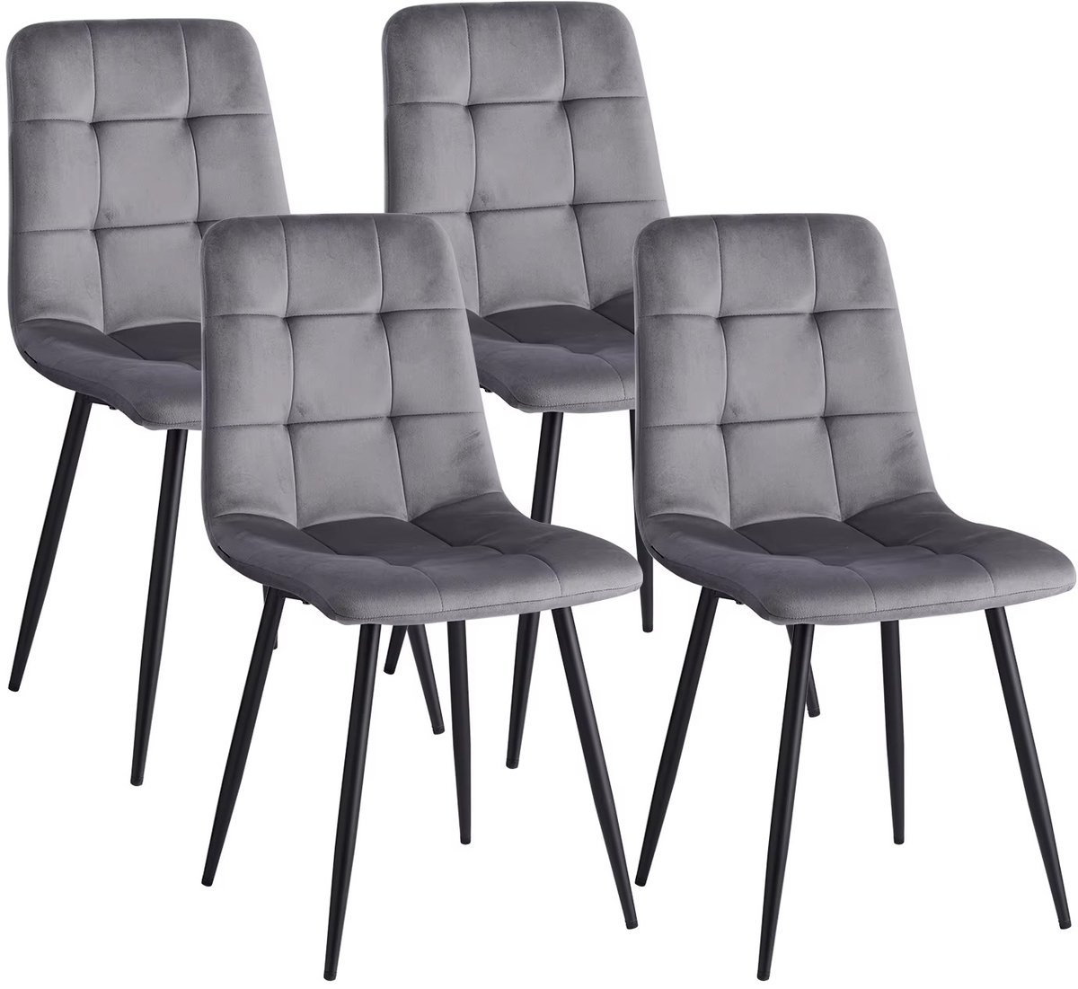 Whoopr® Set van 4 Fluwelen Eetkamerstoelen – Moderne Gestoffeerde Keukenstoelen met Metalen Poten – Minimalistische Design Stoelen voor Eetkamer, Woonkamer & Kantoor Grijs