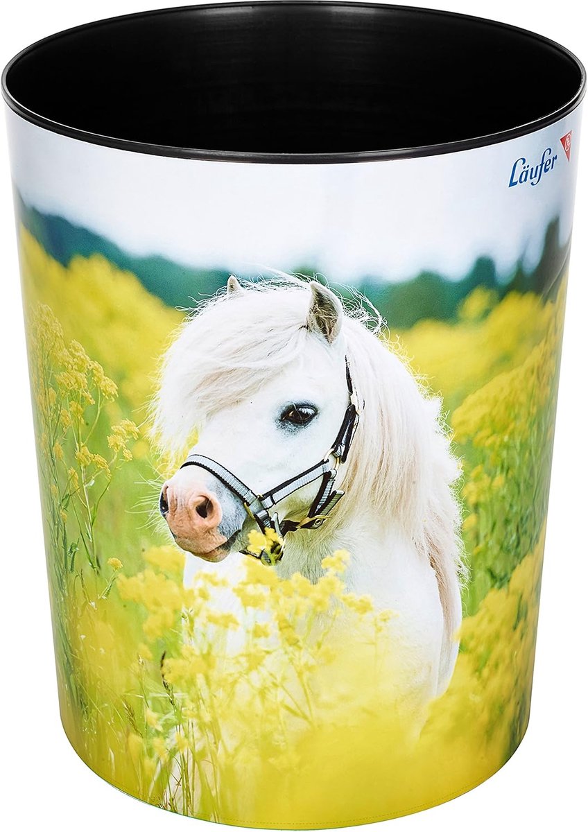Prullenbak met paardenmotief, 13 liter, rond, kunststof, voor de kinderkamer, 30 cm hoog