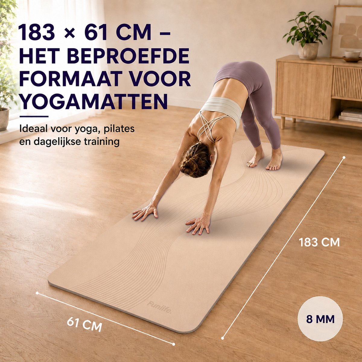 FunLife Yogamat 183 x 61 cm - 8 mm TPE Fitnessmat Antislip met Draagriem - voor Yoga, Pilates en Home Workout -Latte beige — cadeau in Sport & Outdoor - foto 6