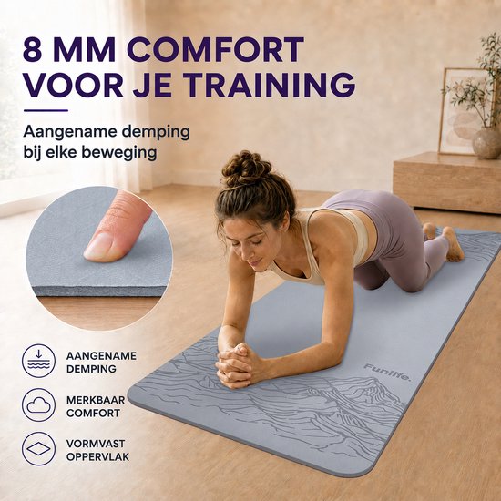 FunLife Yogamat 183 x 61 cm - 8 mm TPE Fitnessmat Antislip met Draagriem - voor Yoga, Pilates en Home Workout -Lichtgrijs — afbeelding 2