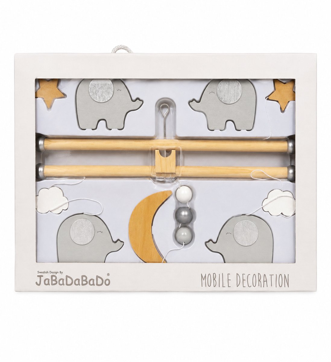 Jabadabado Houten Babymobiel Olifant - Maan, Sterreb & Wolken - Grijs/Hout Decoratie Voor Babykamer