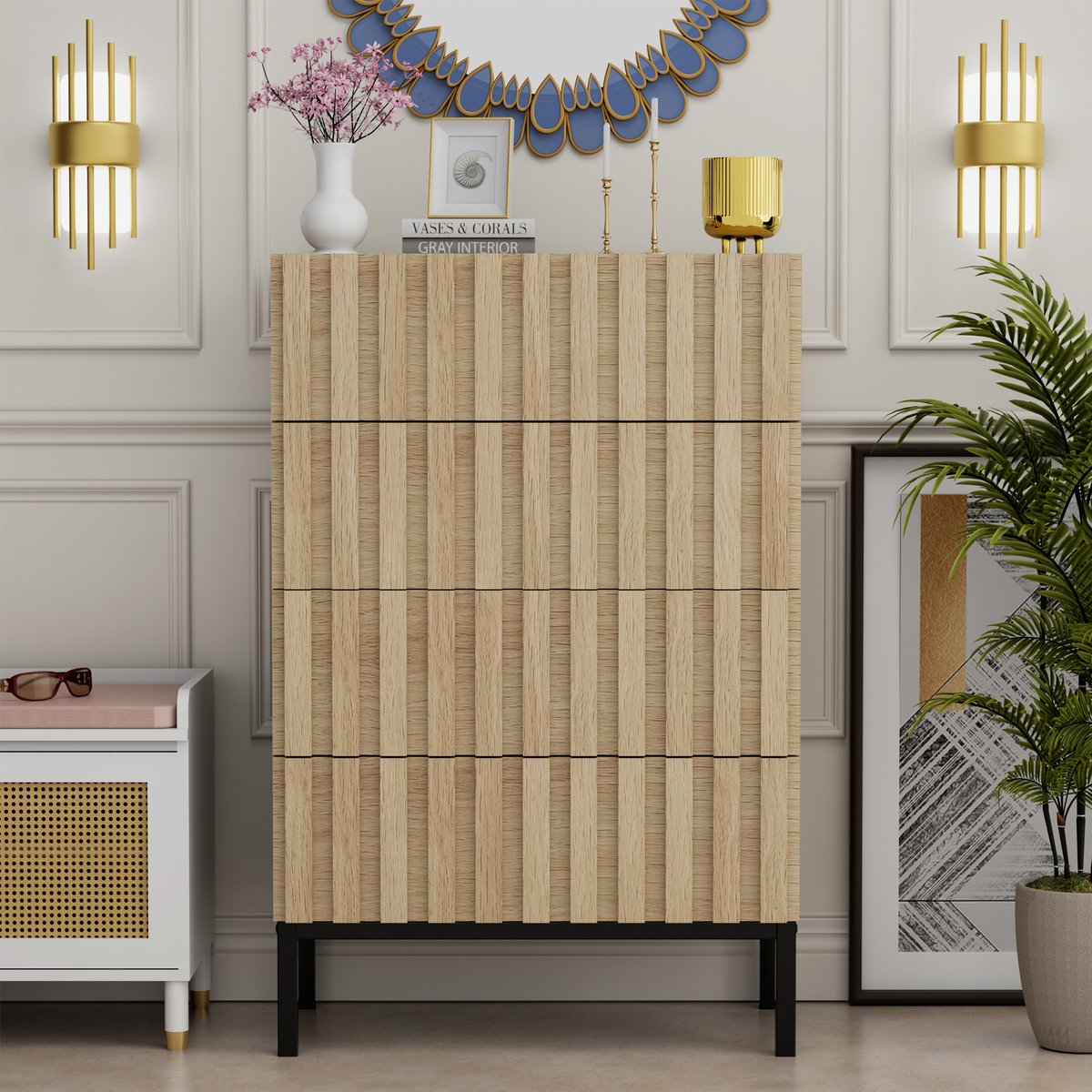 UEV ladekast, 60 x 34,5 x 92 cm, commode met 4 lades, kleine ladekast, opbergcommode, commode voor woonkamer, slaapkamer, hal (natuur)