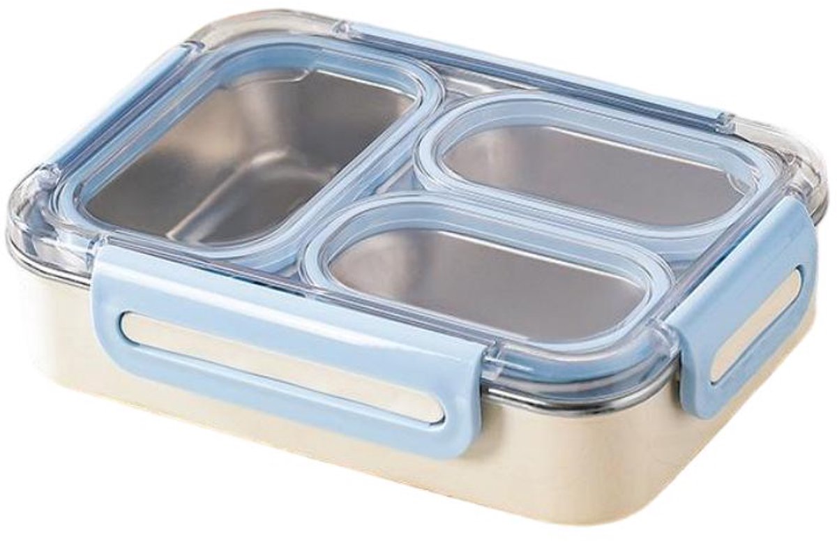 Lunchbox 3 Vakken 730 ml – Bento Box met 304 RVS Binnenbak en Siliconen Afdichting – Verdeelbare Lunchbox – Lekvrije Broodtrommel voor School, Werk en Onderweg – Blauw – 2 Stuks
