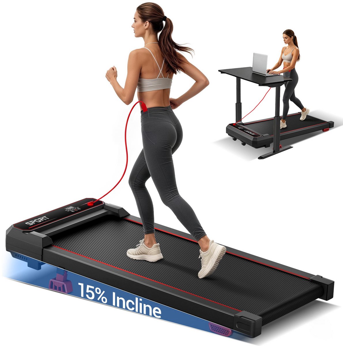 ROBORE U19 Onderbureau Loopband‑3‑0PK‑Borstelloze‑Motor‑Stil‑Onder‑45dB‑Trilfunctie‑LCD‑Display‑Compact‑Opbergbaar‑Voor‑Thuis‑En‑Kantoor