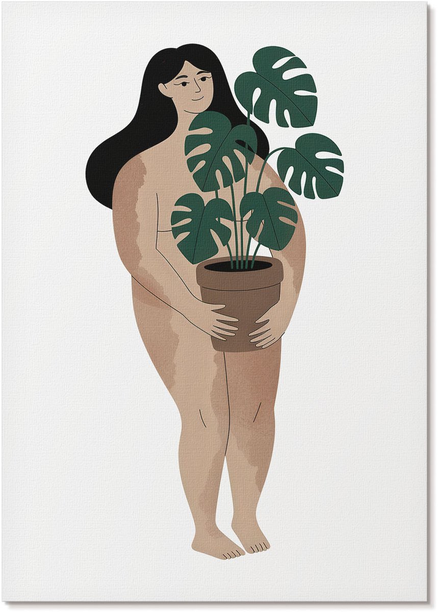Tulup Canvas Poster Polycanvas - Vrouw Met Een Plant, Illustratie - A4 - Bruin Poster - Rechthoek - Decoratieve poster - Woonkamer, Slaapkamer, Kantoor - Rustiek